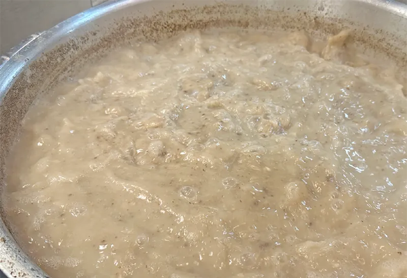 It is made from chicken bones and simmered over and over again until it becomes hearty and rich.