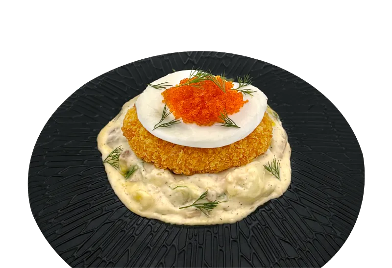 Creamy Egg Potato Salad with croquette and tobiko